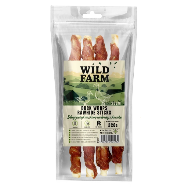 WILD FARM Długi Patyk Ze Skóry Wołowej Z Kaczką 28CM 320G Przysmak Dla Psa