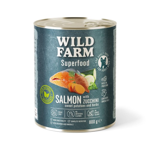 Wild Farm Superfood Łosoś – mokra karma z cukinią i batatami 800g