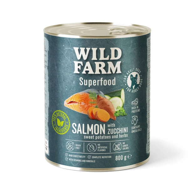 Wild Farm Superfood Łosoś – mokra karma z cukinią i batatami 800g