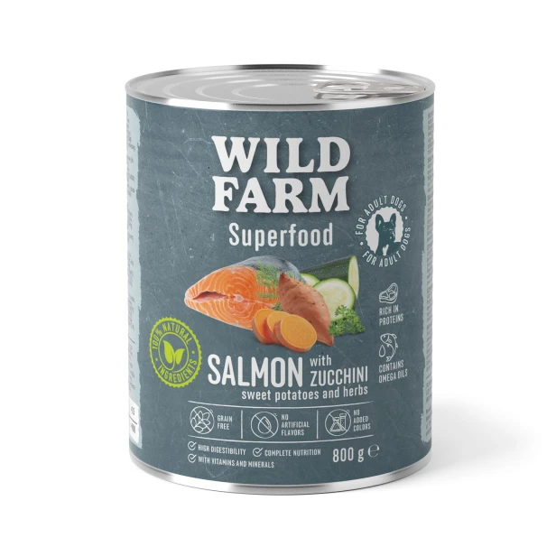 Wild Farm Superfood Łosoś – mokra karma z cukinią i batatami 800g
