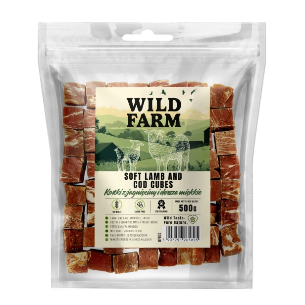 WILD FARM Kostki Z Jagnięciny I Dorsza Miękkie Przysmak Dla Psa 500G